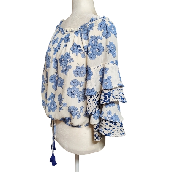 Vintage Havana Women's Size Small Blouse Blue Floral Tie Front Tiered Sleeve - Picture 2 of 12